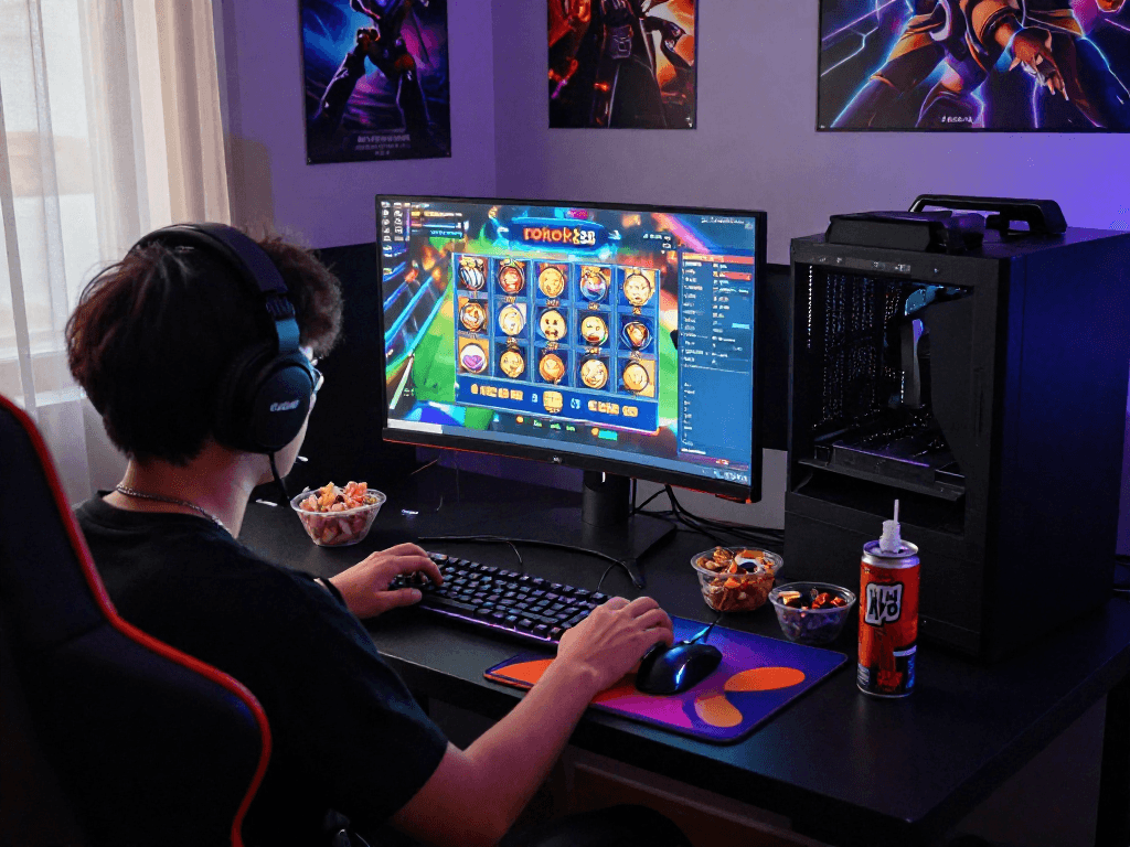 Player engaged in exciting rokok88 slot login session at vibrant gaming setup