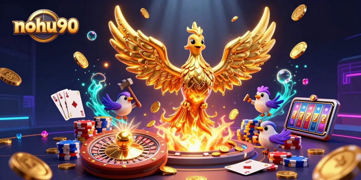 Experience thrilling gameplay with nohu90, showcasing a dynamic casino scene of golden coins, a phoenix, and vibrant gaming elements.