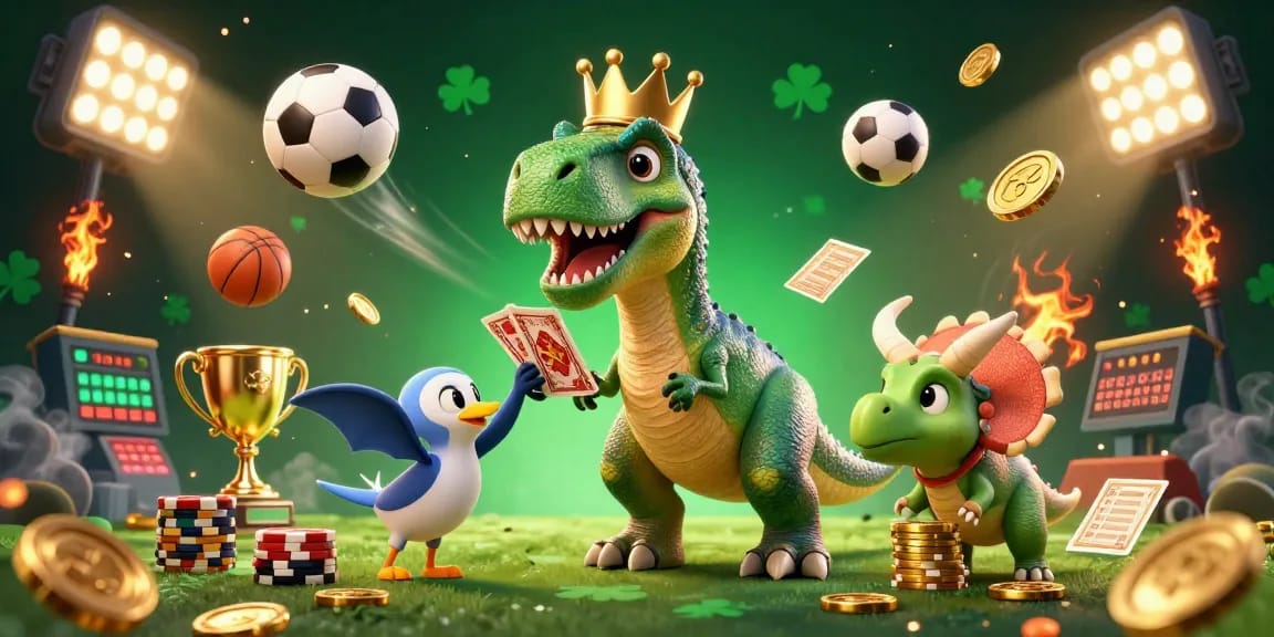 Experience thrilling action with 11win as dinosaurs shuffle cards and stack chips in a vibrant casino scene.