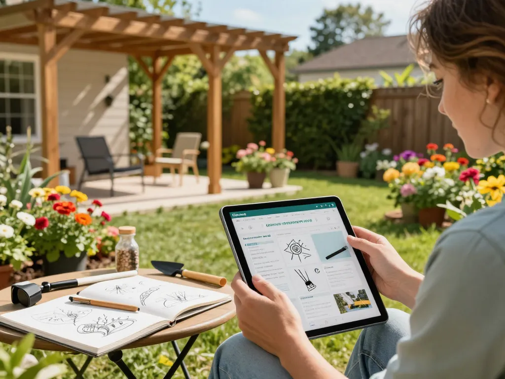 Using an online pergola configurator to design a custom garden structure while surrounded by vibrant flowers.