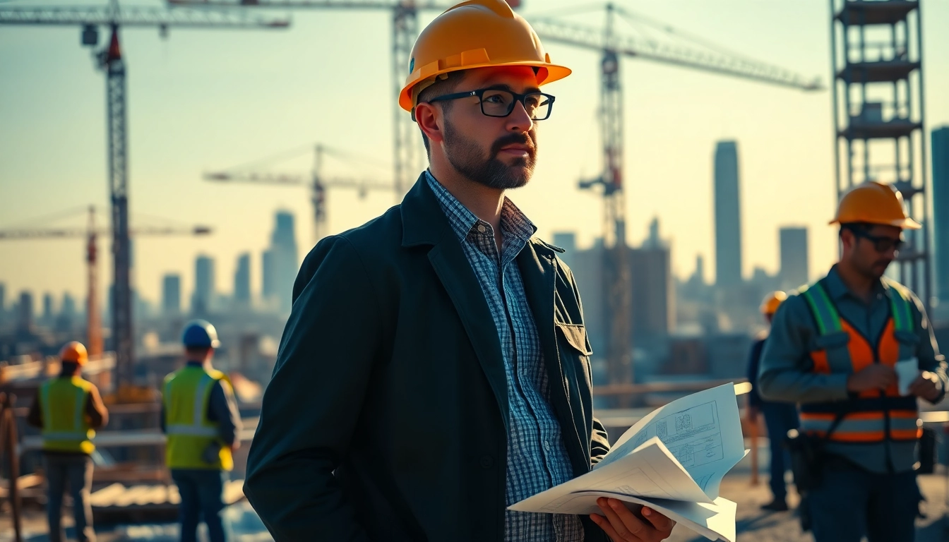 New York Construction Manager leading a dynamic team on a construction site.