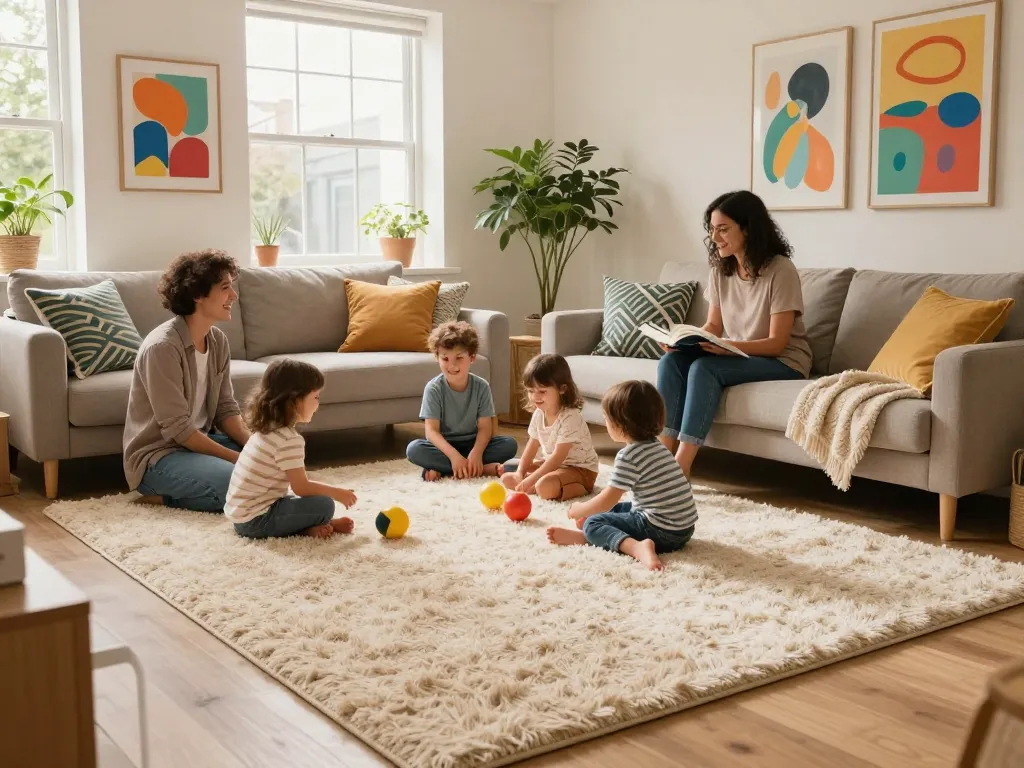 Affordable carpets London in a cozy living room with family and children playing.