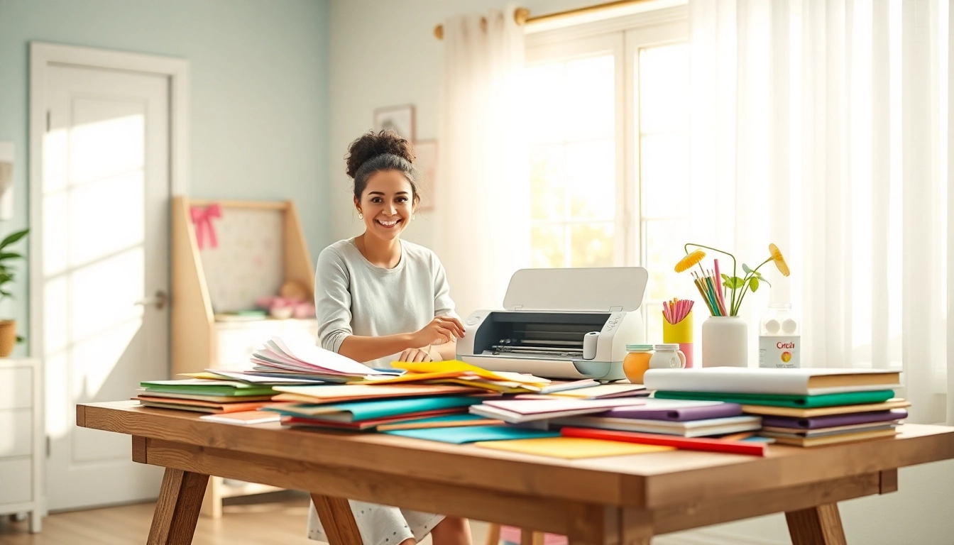 Cricut for beginners crafting workspace with colorful materials and a friendly user.