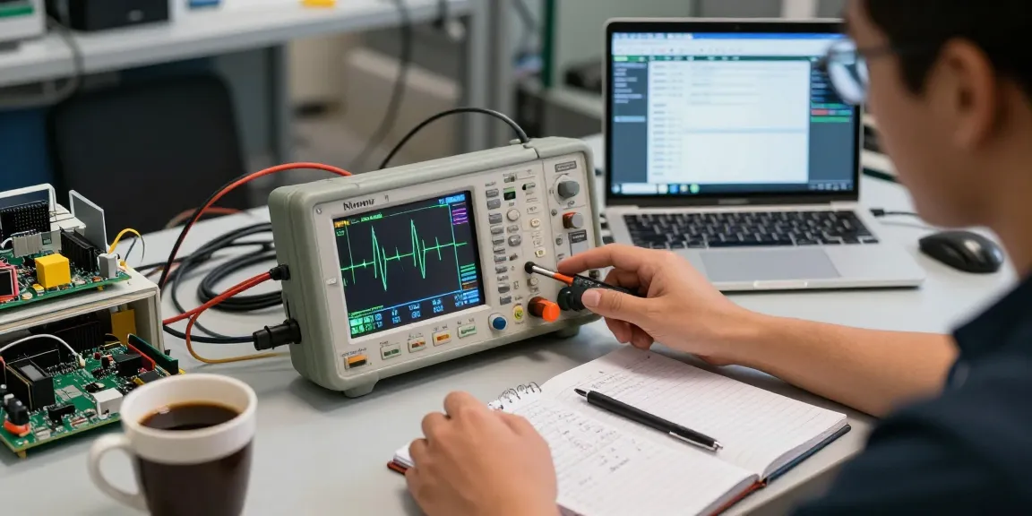 Technician analyzing waveforms using a handheld scope in a modern electronics testing environment.
