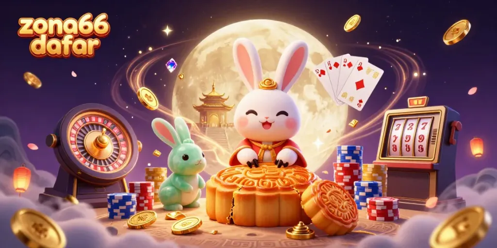 Ilustrasi 3D zona66 daftar dengan kelinci bulan memukul kue bulan emas di permukaan bulan yang menghasilkan chip poker.