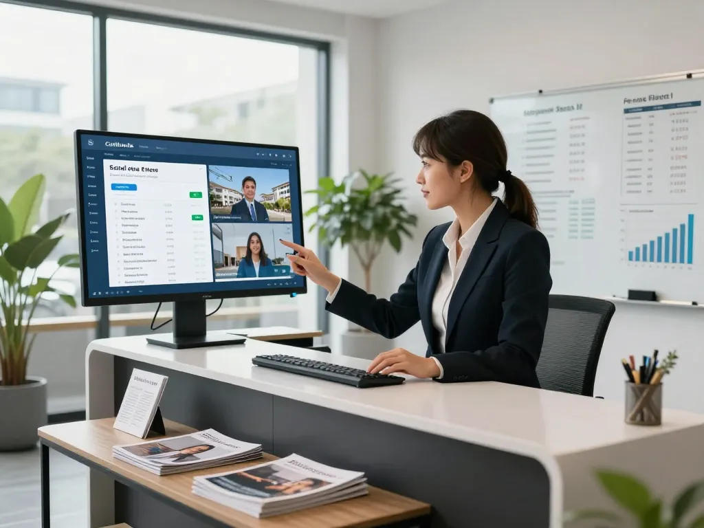 AI receptionist for real estate assisting clients in a modern office environment.