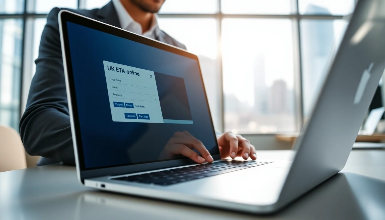 Apply for uk eta online application with a laptop in a bright office.