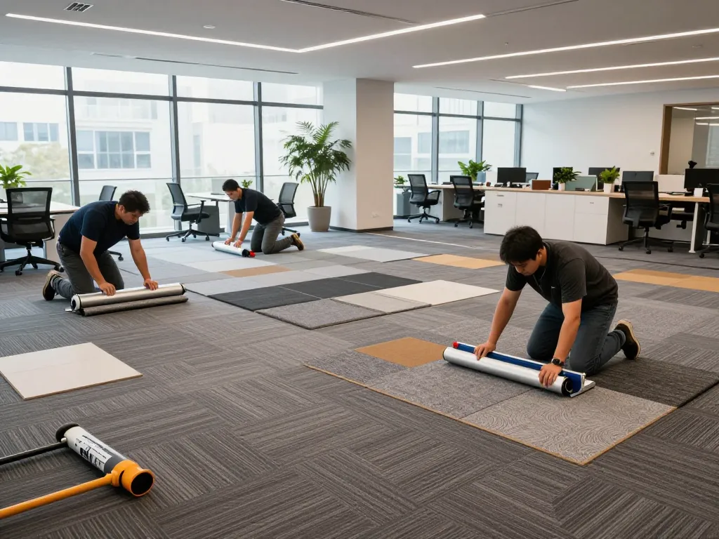 Skilled professionals conducting commercial carpet installation in an upscale office environment.