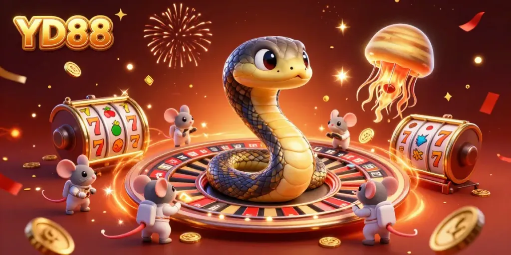 Experience the thrill of YD88's gaming universe with vibrant slot reels and cosmic characters.