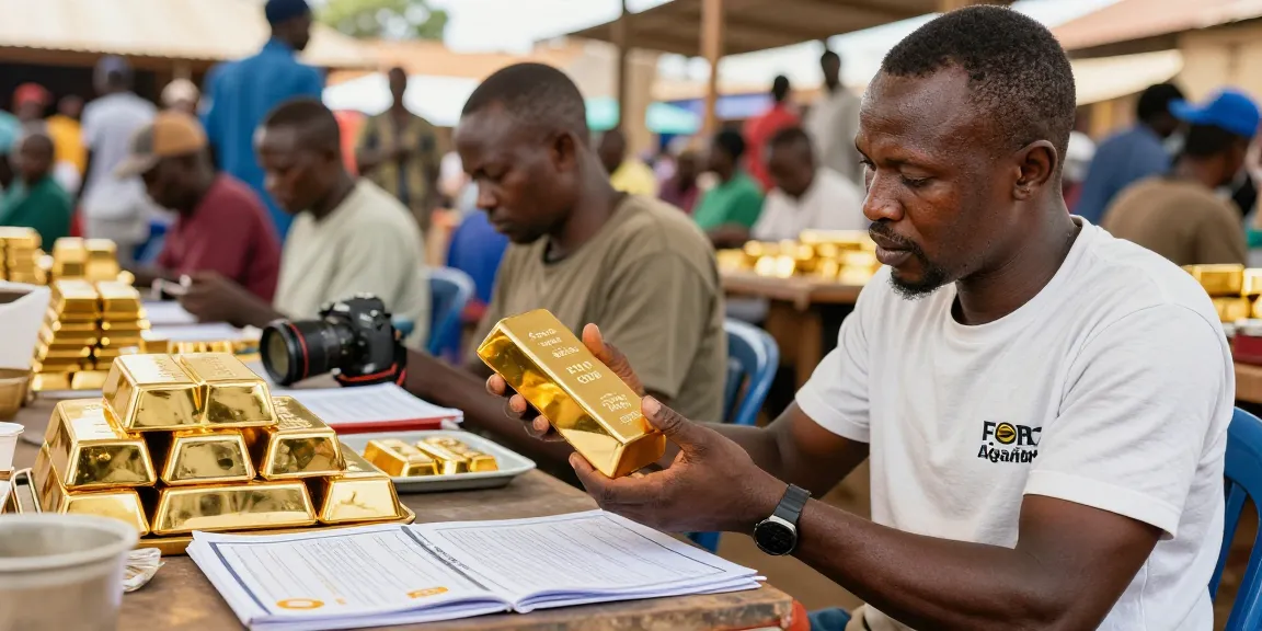 Serious buyers examining FOB gold Uganda in a professional trading scene, showcasing transparency and authenticity.