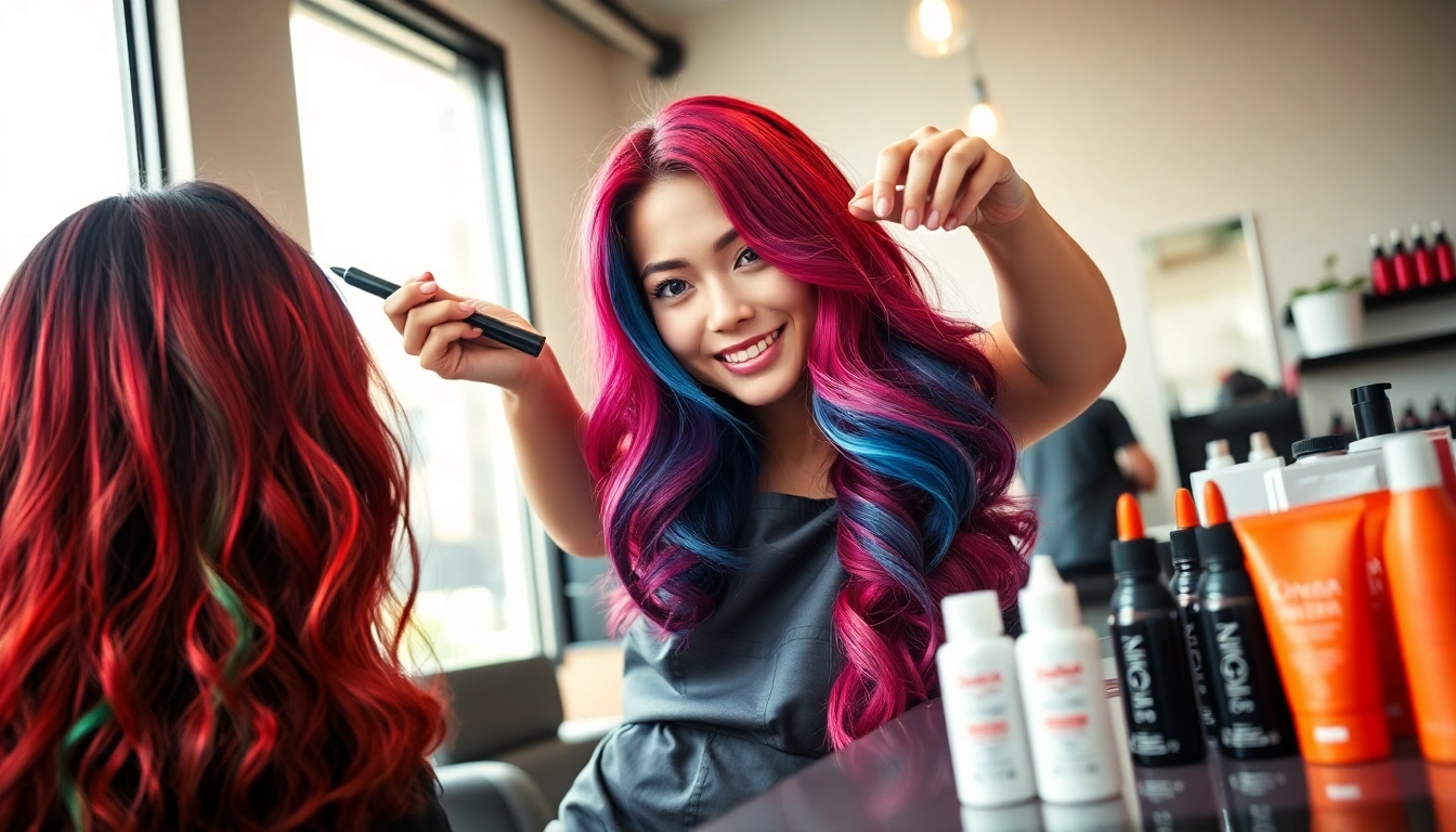 Haarkleuring in a professional salon with a stylist applying vivid color to a client's hair.