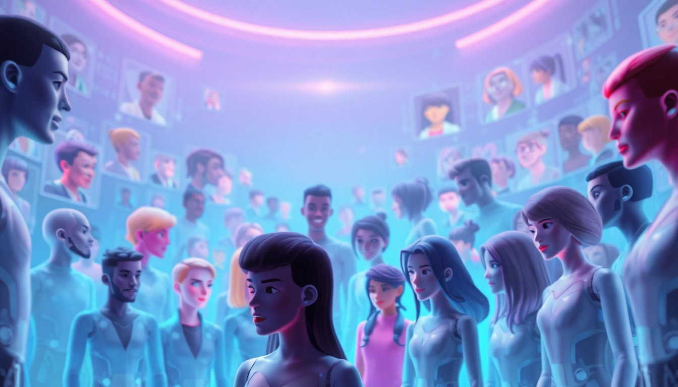 Engaging chat interface showcasing crush on ai with animated characters in a vibrant digital landscape.