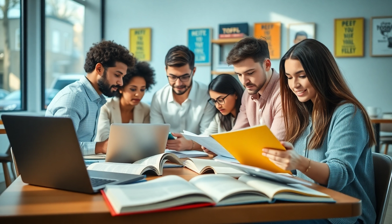 Pay someone to take TOEFL with students studying collaboratively in a bright café.