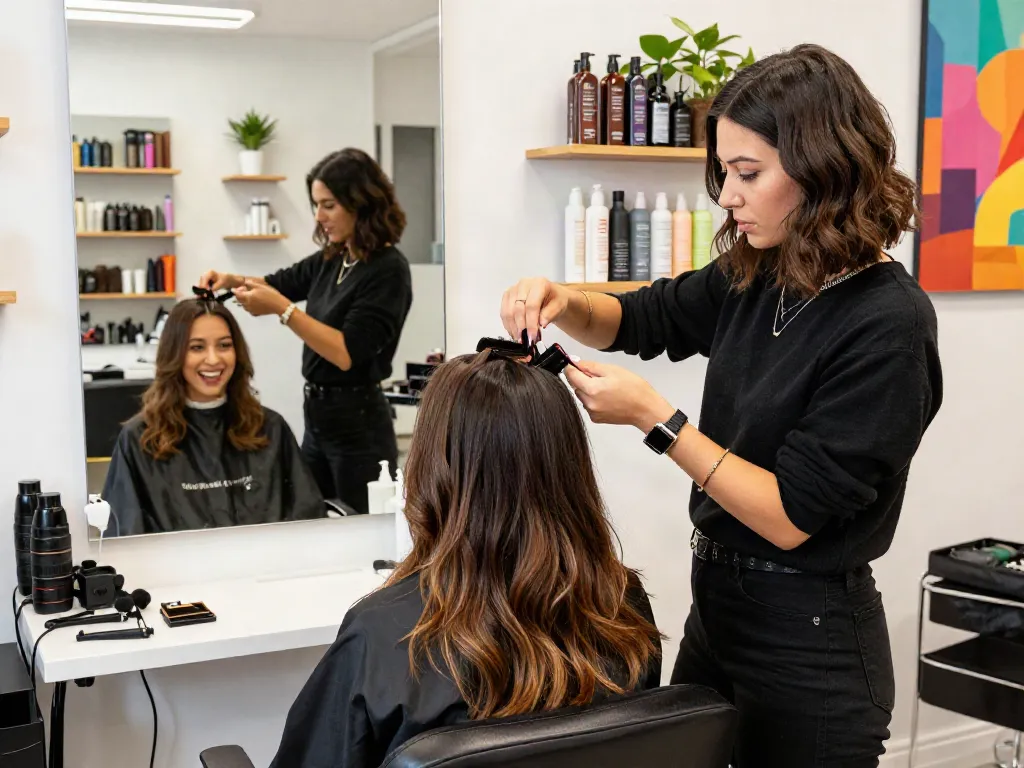 Applying seamless hair extensions clip in at a stylish salon, highlighting quality and hair fashion.