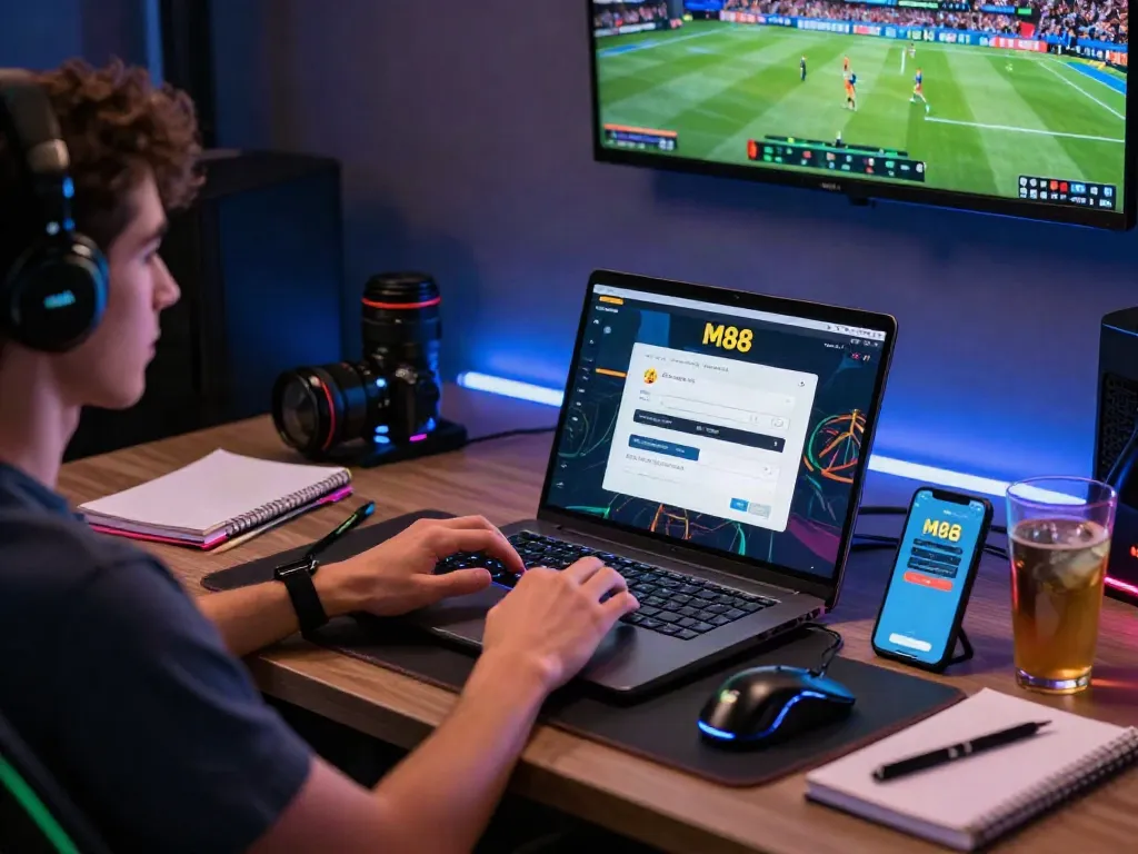 Engaging online gaming setup showcasing login situs m88 interface on laptop screen amidst a modern workspace.