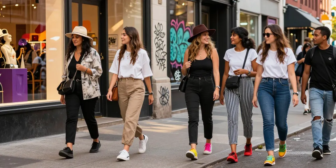Women’s fashion showcased in trending outfits on urban city sidewalk with vibrant accessories and boutique backdrop.