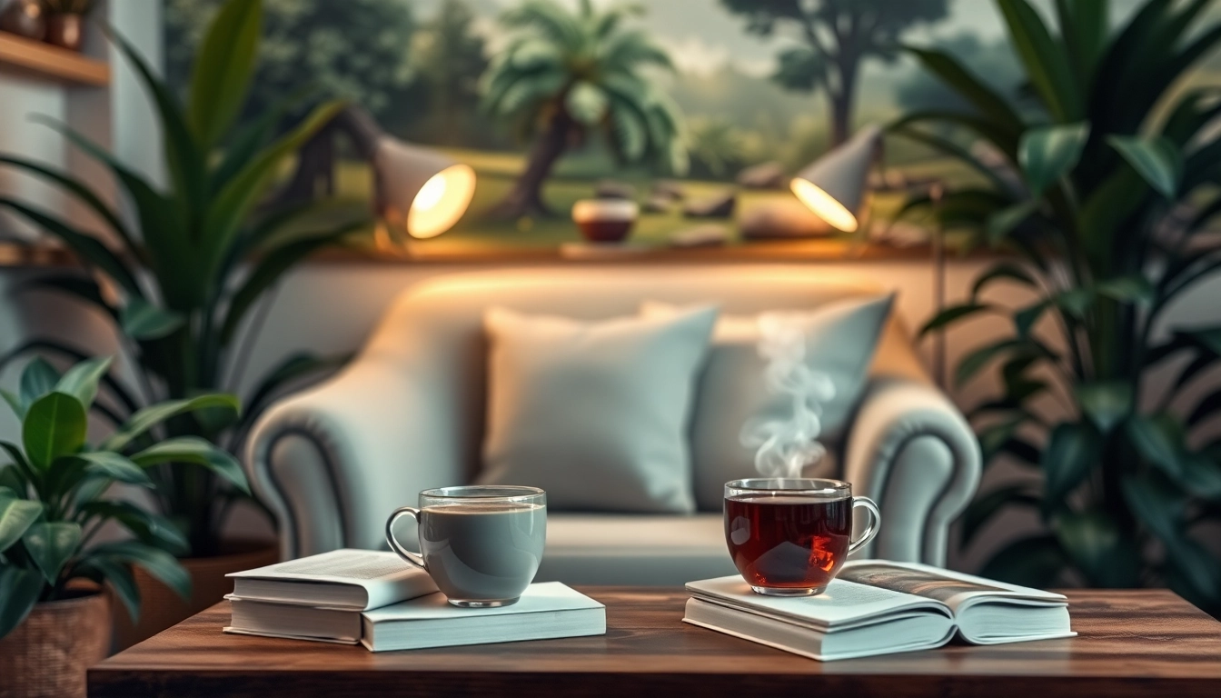 Discover a tranquil workspace designed for mental wellness, featuring a cozy armchair and calming decor.