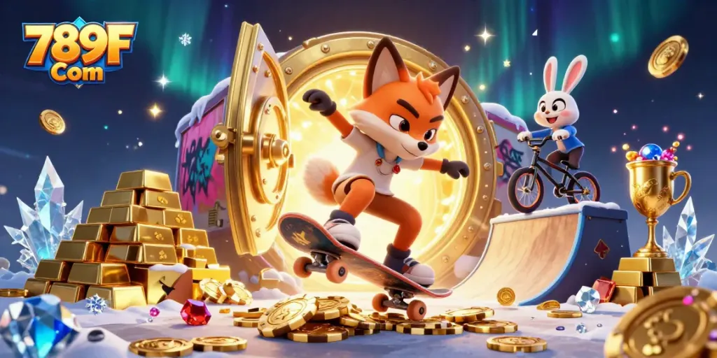 Experience thrilling kicks and flips at 789F Com with a fox and rabbit in a vibrant casino scene.
