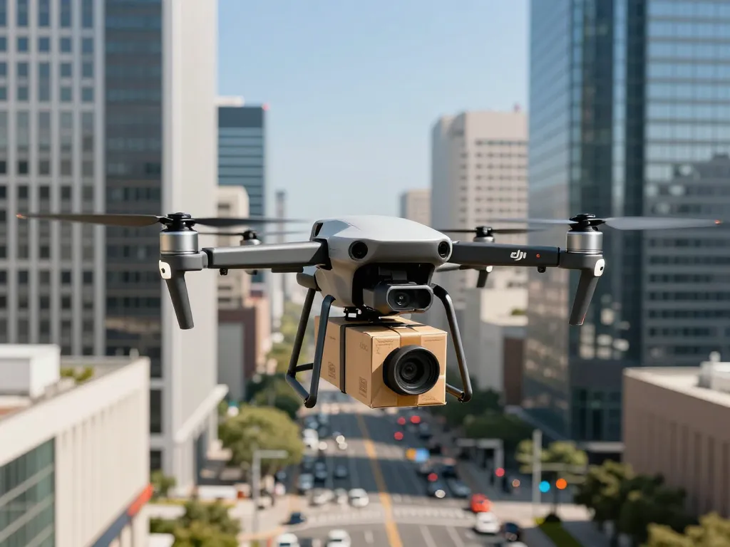 Flying DJI FlyCart 100 drone delivering packages over an urban setting, showcasing its innovative dual payload capabilities.