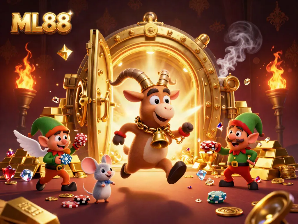 Experience the excitement at ML88 with a dynamic scene of festive casino characters amidst gold riches.