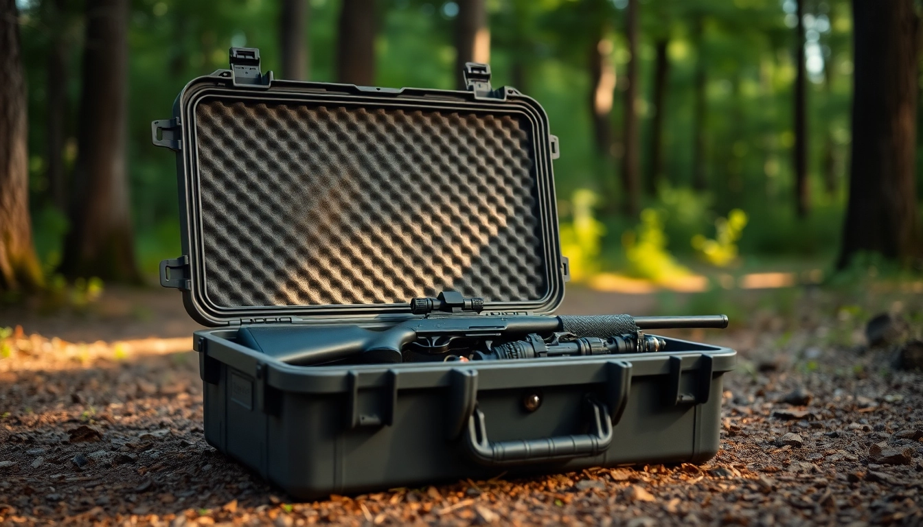 Showcase of a Pelican gun case for sale with a rifle and accessories, highlighting its durability.