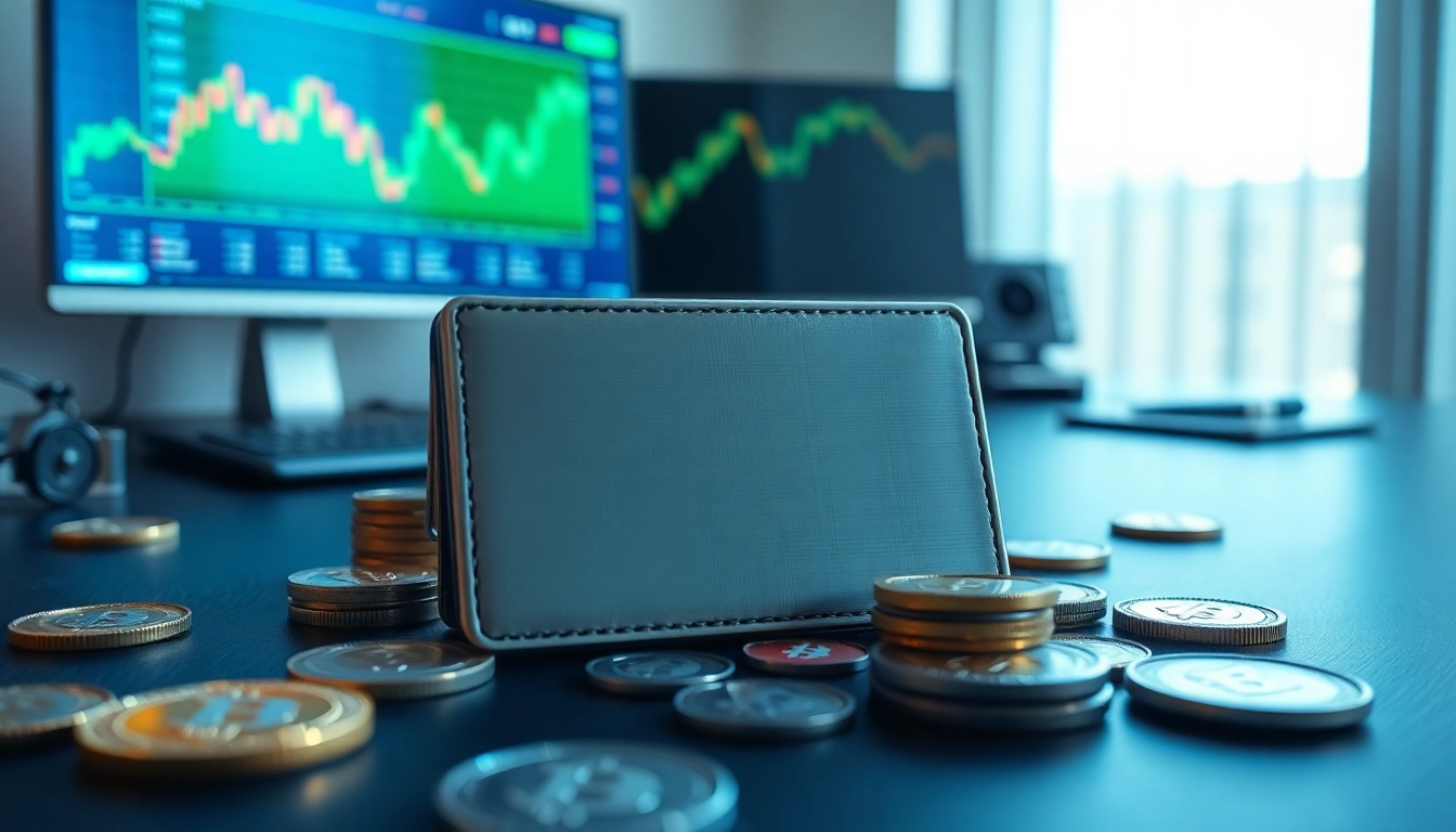Secure crypto wallet showcasing digital currencies on a modern desk setup.