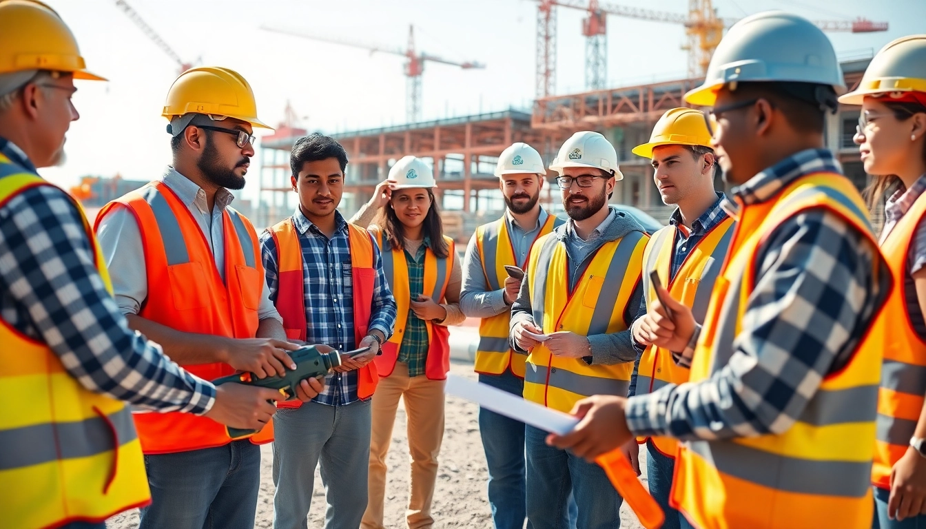 Construction workforce development training session with diverse workers demonstrating skills.