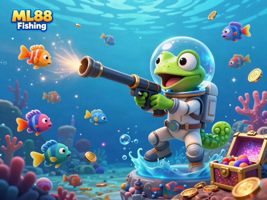 Engage with ML88 Fishing as a Martian gecko aims at colorful underwater targets in an immersive fishing game scene.
