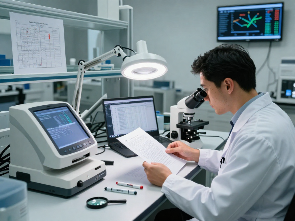Forensic analyst examining a document for fraud detection with high-tech tools and data analysis software in a professional lab.