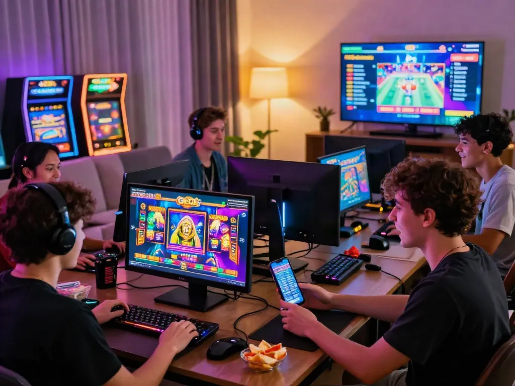 Excited players enjoying slot gacor games on digital devices in a vibrant gaming environment.