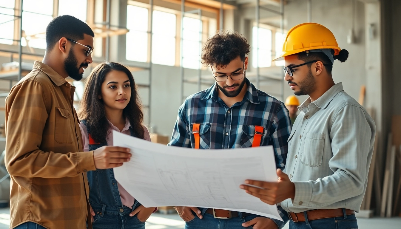 Engaging scene of a construction apprenticeship program with apprentices and a mentor reviewing blueprints.