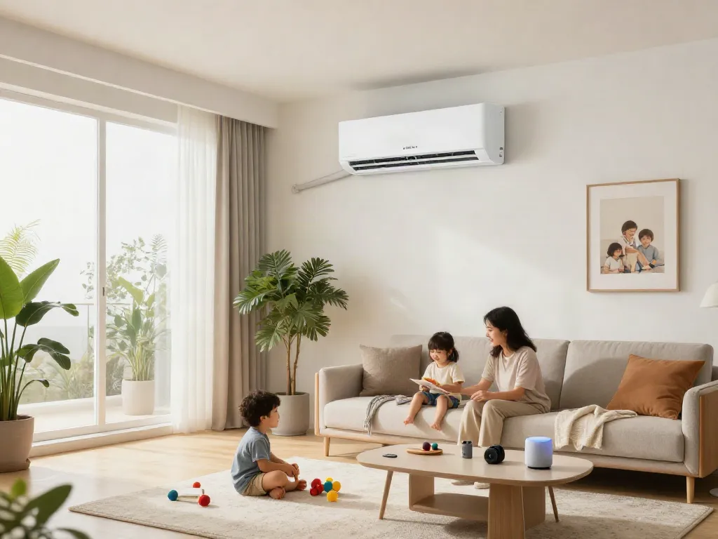 Family enjoying comfort from a 2400 btu mini split air conditioner in a modern living room.
