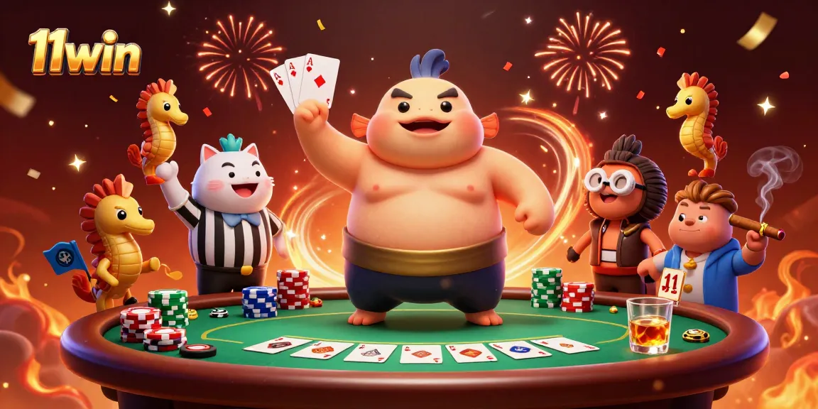 11win themed illustration showcasing a vibrant poker scene in a whimsical underwater casino.
