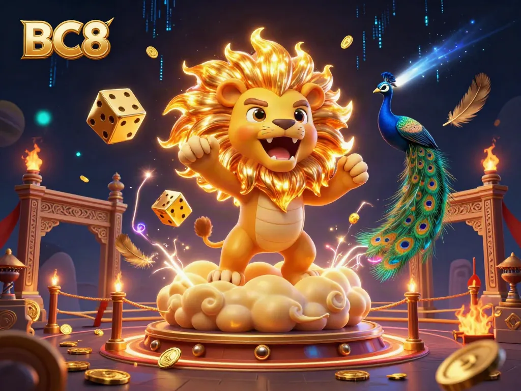 Experience the exciting world of BC8 with a dynamic 3D casino scene featuring a roaring sun lion and vibrant gambling elements.