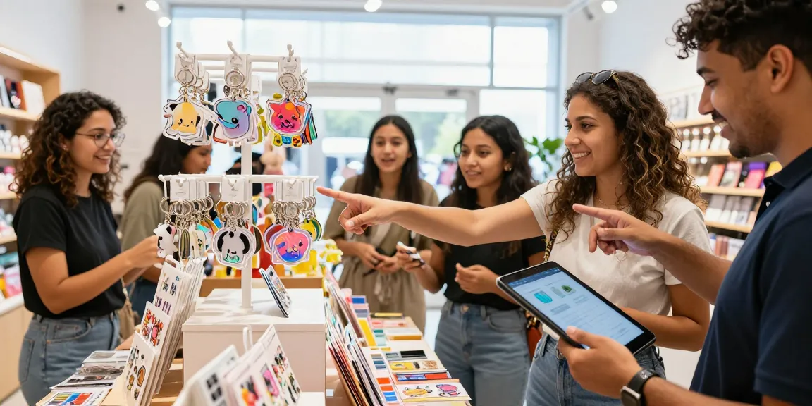 Engaging scene of customers exploring custom keychains at an e-commerce retail store, showcasing diverse styles and vibrant displays.