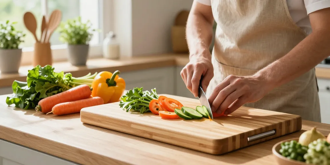 Preparing fresh ingredients on a bamboo cutting board in a bright kitchen setting.