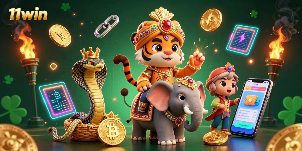 Win big with 11win's vibrant 3D casino scene featuring a royal tiger and crypto coins.