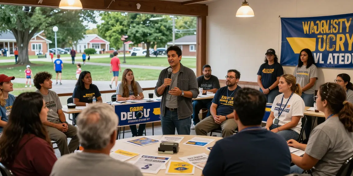 Casey Askar engaging with community members at a town hall event.