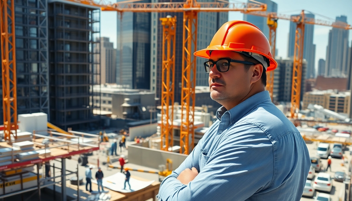 New York City Construction Manager supervising an active construction site with cranes and workers.