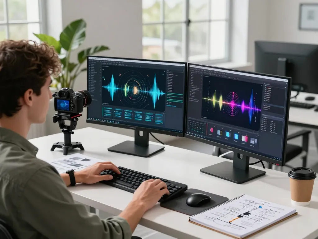 Expert using mind control ai software in a modern workspace with dual monitors and video generation tools.