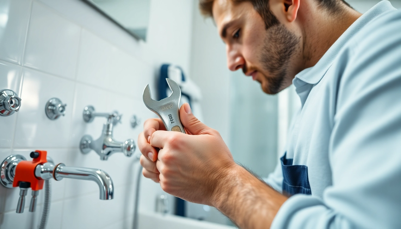 Find a qualified plumber near me fixing a sink in a bright bathroom.