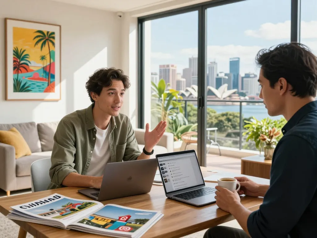 Engaging professional host reviewing Airbnb management Sydney bookings in stylish apartment.