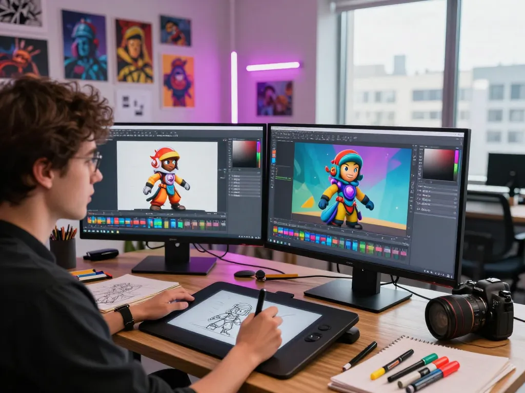 Creative studio scene with artist designing NSFW digital art on dual screens and vibrant displays