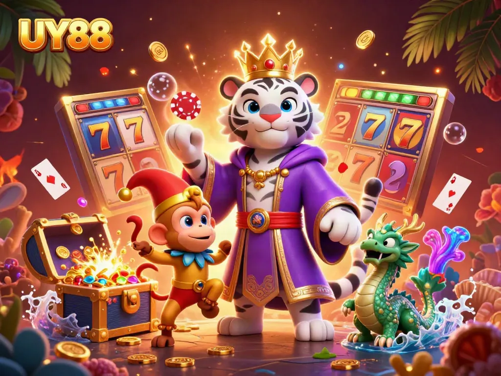 Experience thrilling adventures with UY88 as a white tiger, a monkey, and a jade dragon enhance the casino atmosphere.