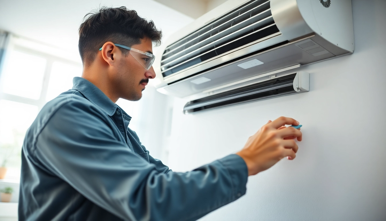 Technician performing Air Conditioning Repair Tampa in a sunny living room.