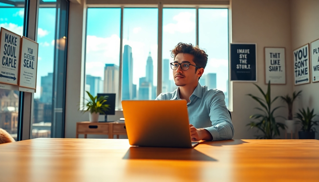 Explore the Ideal career vision in a bright office setting with a city skyline view.