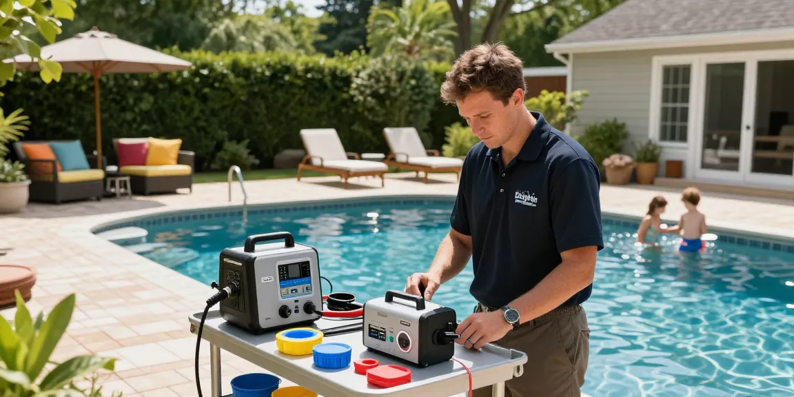 Dolphin Pool Services technician performing maintenance in a vibrant Virginia backyard.
