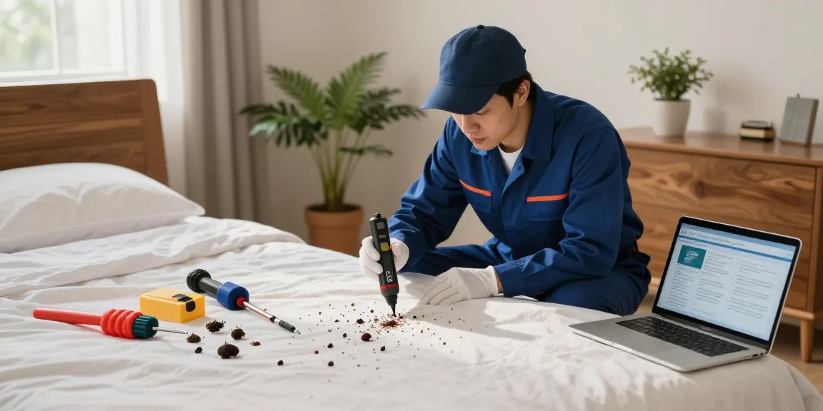 Effective bed bug control scene with exterminator inspecting a clean bedroom for pests.