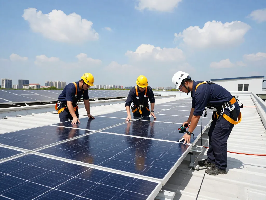 Technicians installing modules photovoltaïques LONGi on a commercial rooftop, showcasing teamwork and efficiency in solar energy.