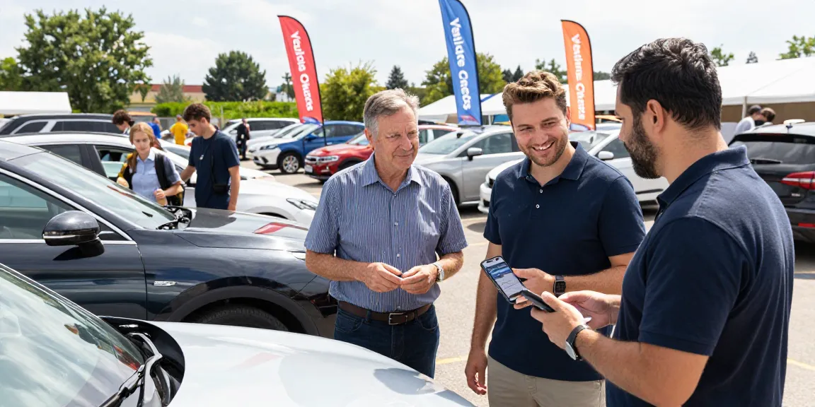 Best car history check UK at a lively car marketplace with buyers engaging in vehicle inspections.
